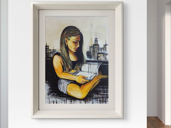 Retrato en acrílico sobre lienzo de mujer en azotea con fondo difuminado de París, incluyendo la Torre Eiffel