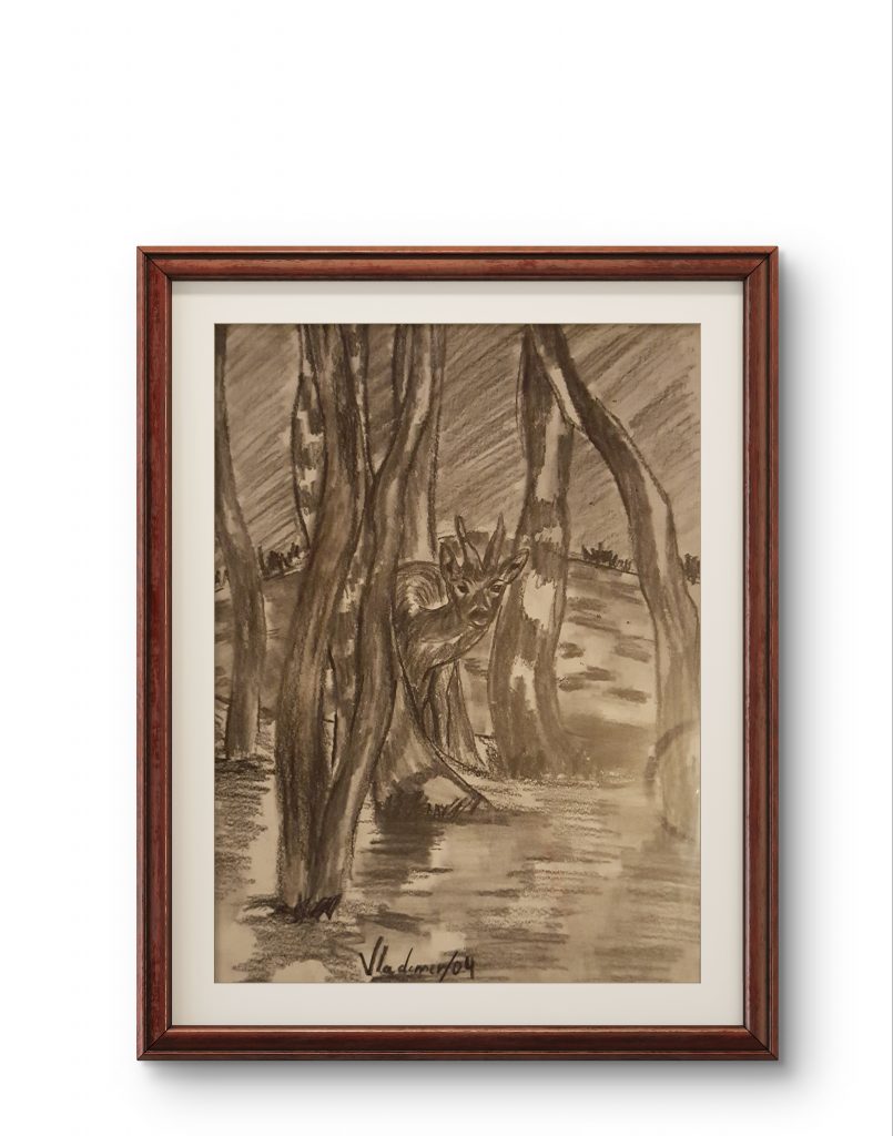 Estudio artístico realizado a carboncillo sobre papel, dibujo de escena