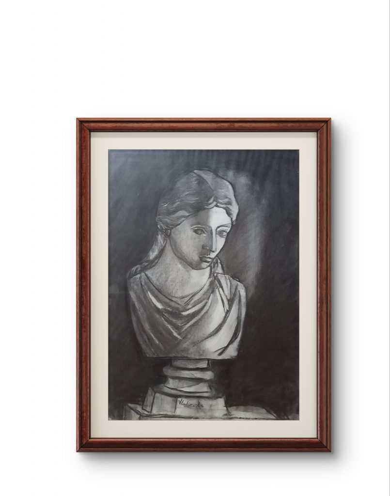 Estudio artístico realizado a carboncillo sobre papel, dibujo de busto