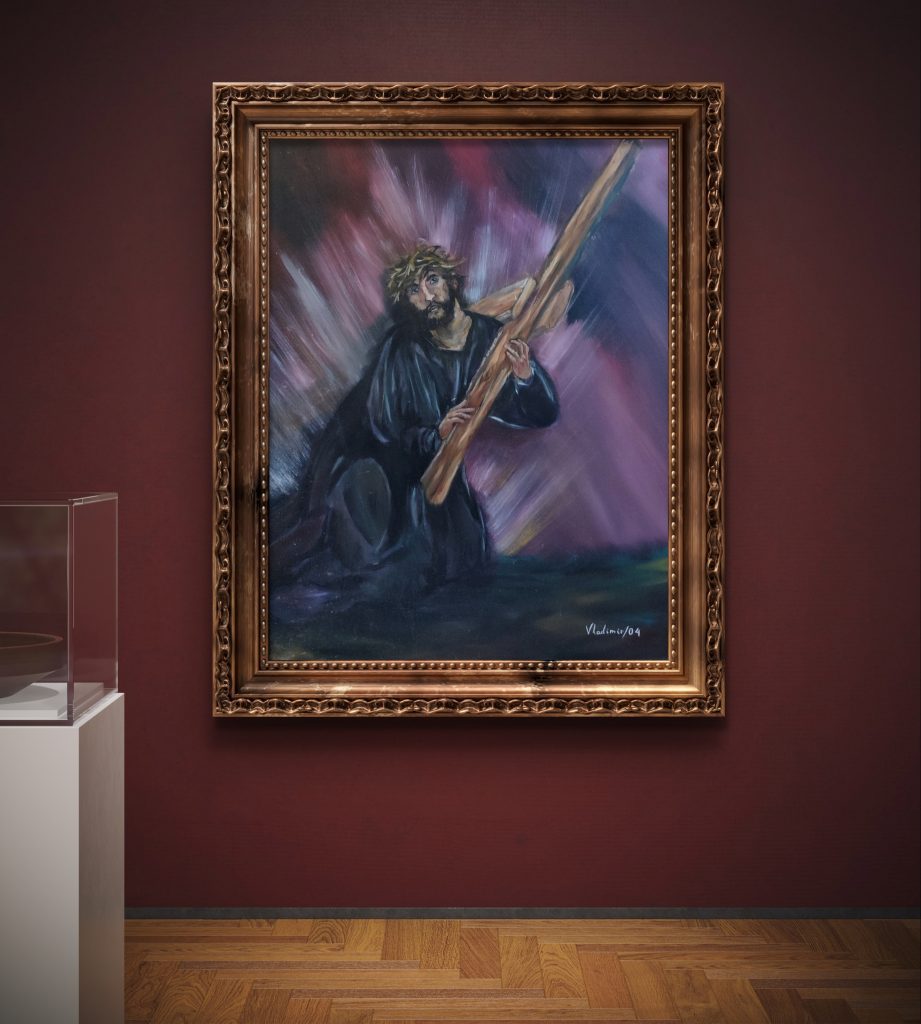 Reinterpretación de obra religiosa, inspirada en arte sacro, óleo sobre lienzo