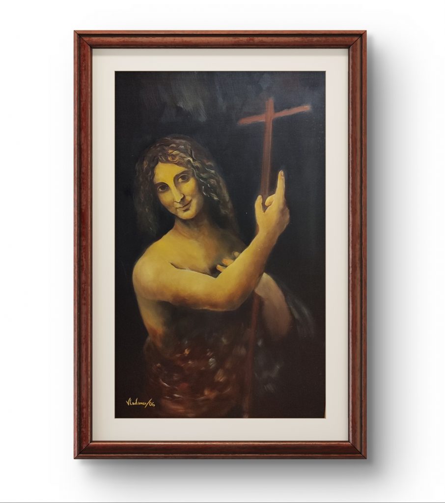 Reinterpretación artística de San Juan Bautista de Leonardo da Vinci, óleo sobre lienzo