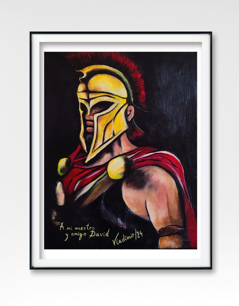 Ilustración de un guerrero espartano, estilo digital, inspirado en temática histórica, acrílico sobre lienzo