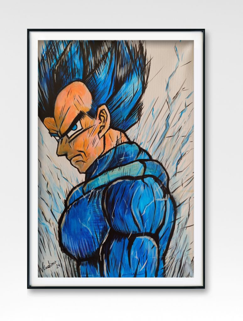 Ilustración de Vegeta en estado Super Saiyan Blue, inspirado en Dragon Ball, acrílico sobre lienzo