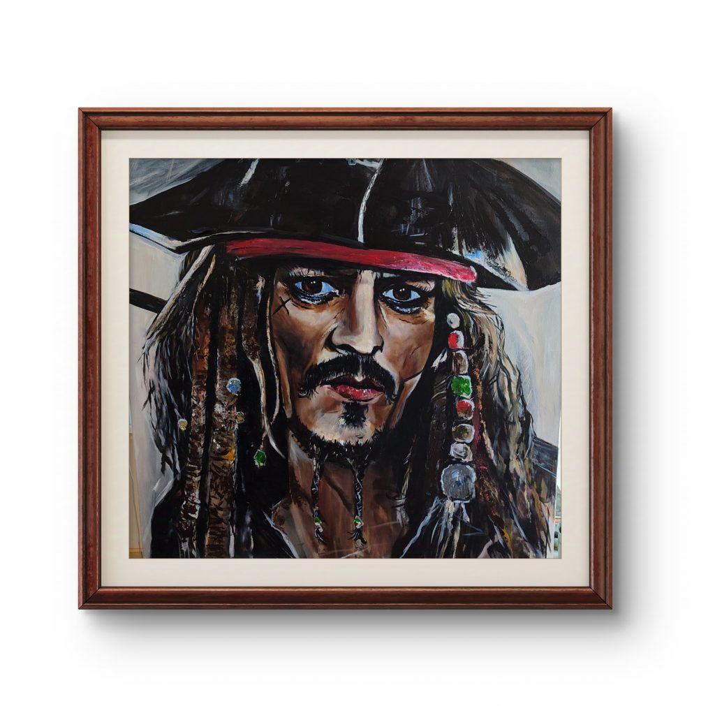 Retrato de Jack Sparrow, personaje de la saga Piratas del Caribe, acrílico sobre lienzo
