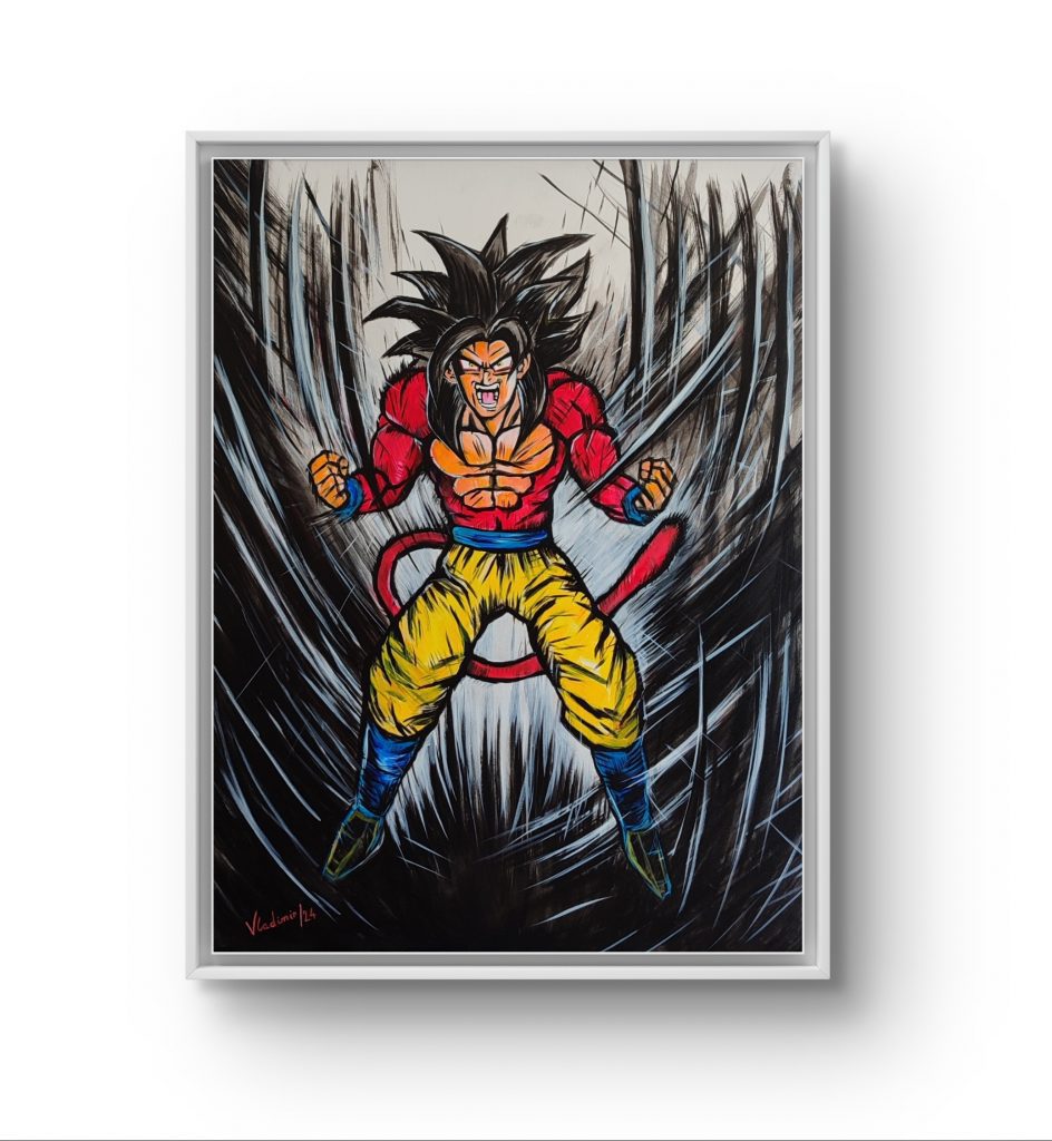 Ilustración de Son Goku en Super Saiyan 4, inspirado en Dragon Ball, acrílico sobre lienzo