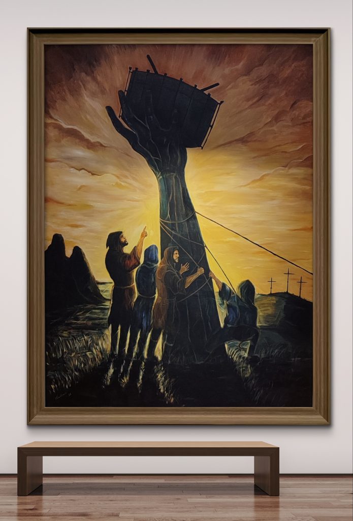 Obra original en acrílico sobre lienzo, composición inspirada en símbolos y percusión, estilo contemporáneo